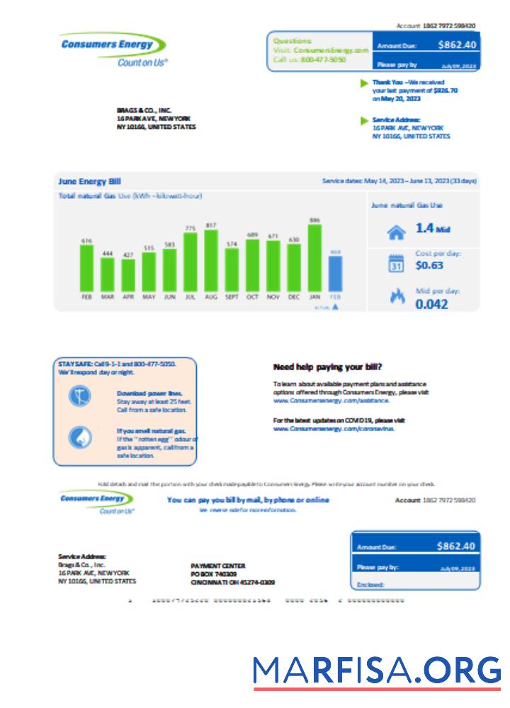 Downloadable Michigan Consumers Energy business utility bill, Word and PDF template SCR